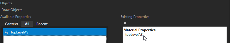 Add Properties window after adding topLevelAS, showing the property in the Existing Properties pane on the right.