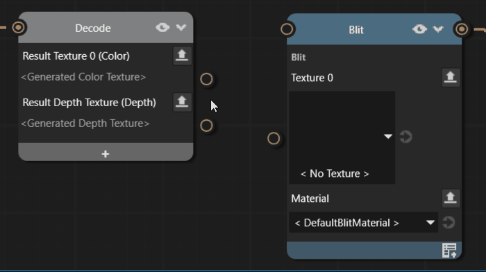 Animation of dragging a binding line from the ResultTexture0 property of the Decode node onto the Texture 0 property of the Blit node.