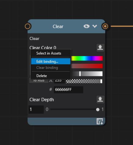 Right-click context menu on the Clear Color 0 row in the Prism property pane, with the Edit binding entry highlighted.