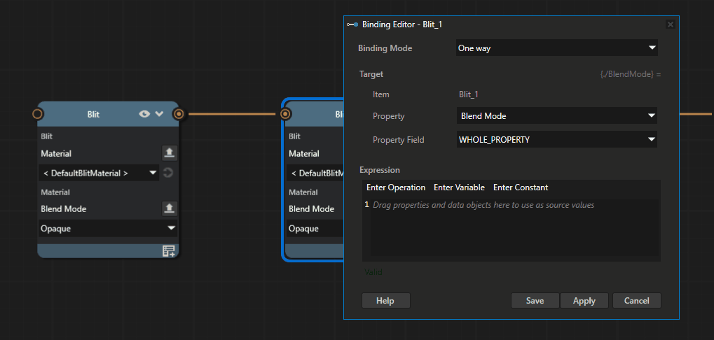 Animation of dragging from the Blend Mode row of one Blit Render Pass node onto the Blend Mode row of another Blit Render Pass node, with the binding editor opening prefilled with an expression that references the source row's property.