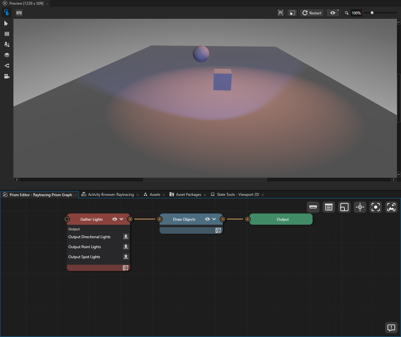 Preview showing the scene rendered with objects and lighting but without raytraced shadows, alongside the Prism graph containing the Gather Lights, Draw Objects, and Output nodes.