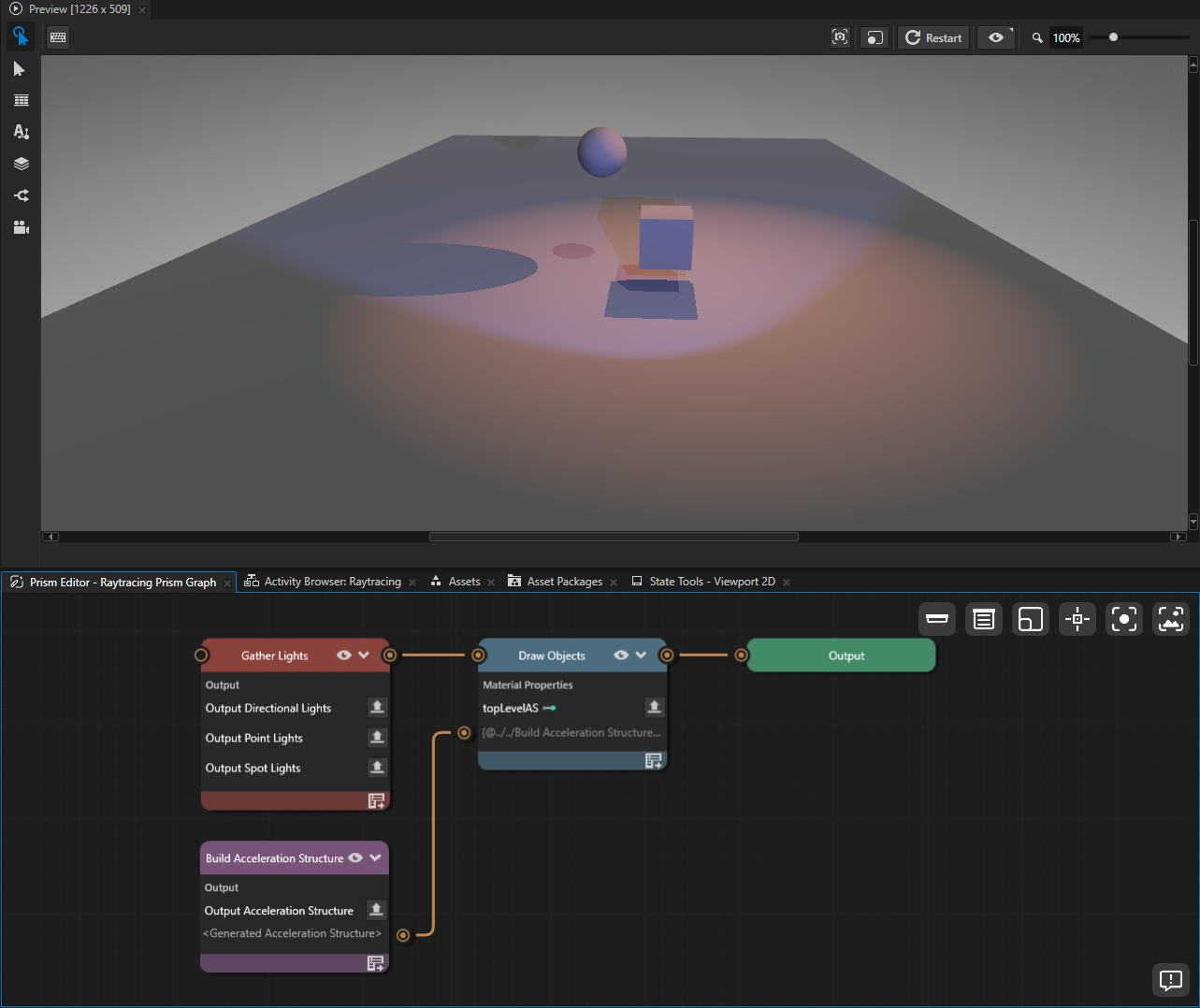 Preview showing raytraced shadows in the Prism-driven rebuild, alongside the completed Prism graph with the binding line from Build Acceleration Structure into Draw Objects.topLevelAS.