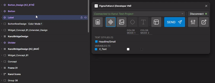 Screen recording: selecting different parent nodes and the Library Asset options panel populating with the variables, styles, and variants it detected in each subtree