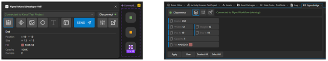 Screenshot of the Figma and Kanzi Studio plugins side-by-side, showing the same properties on both sides