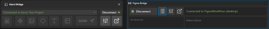 Screenshots of both plugins in the connected state (Figma plugin + Kanzi Studio panel)