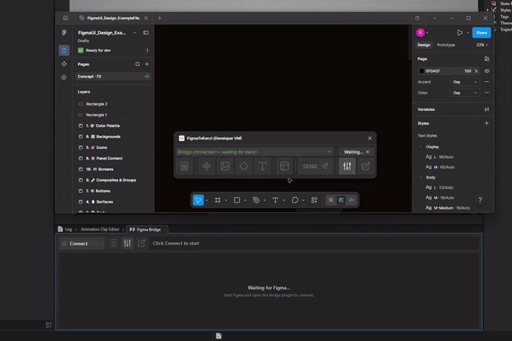 Animated walkthrough of the full pairing handshake, from Figma plugin Waiting state to Connected