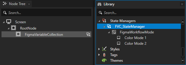 Kanzi Studio library tree showing the FVC node, FVC_StateManager, per-file StateGroups, and per-variable PropertyTypes