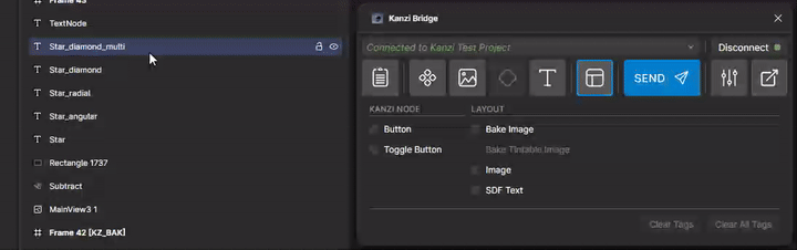 Screen recording: selecting different layer types and the context-aware tag rows enabling and disabling accordingly