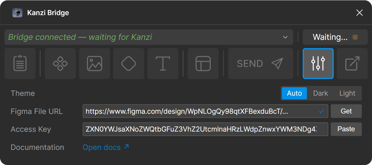 Figma plugin Settings panel with the Online toggle on and the access-key paste field