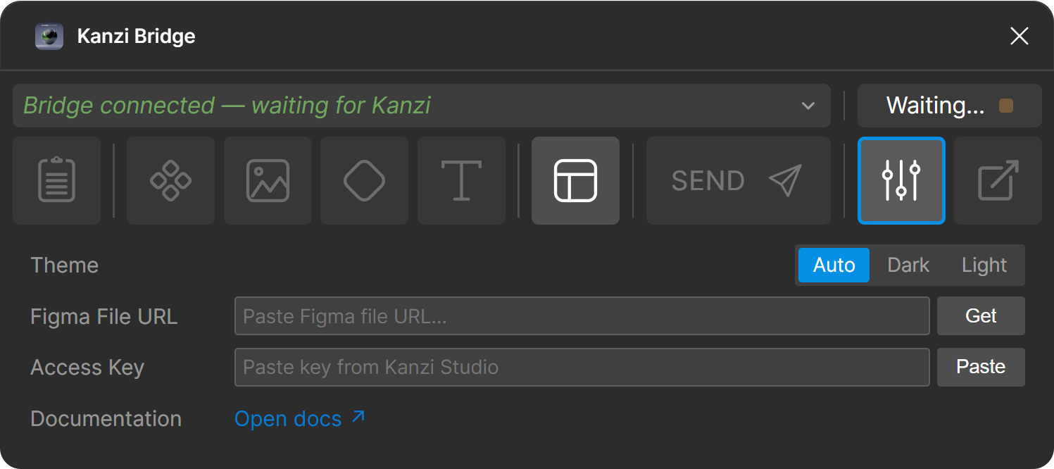 Figma plugin Settings panel with theme selector, Figma file URL, Access Key field, and Documentation link