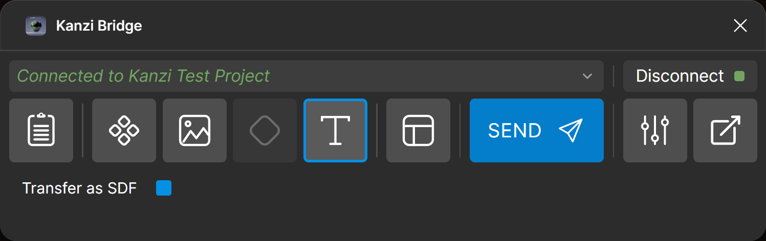 Figma plugin Text transfer options panel with the Transfer as SDF toggle