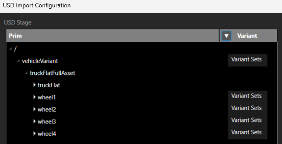 Screenshot of the USD Import Configuration window with eapanded nodes with Variant Sets