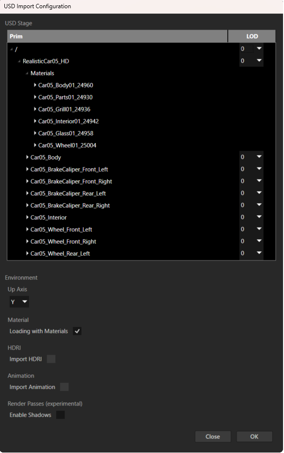 Screenshot of the USD Import Configuration window