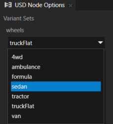 Screenshot of the USD Node Options window during selecting new variant option