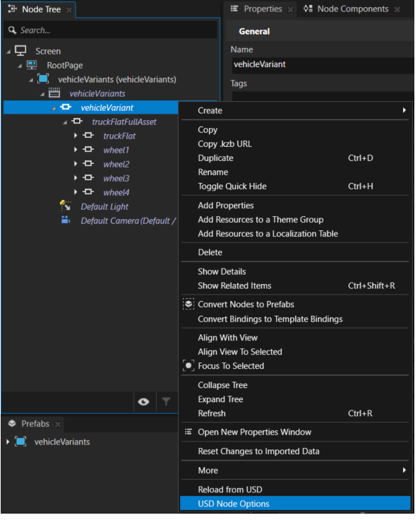 Screenshot of the USD Node Options window with Variant Sets available