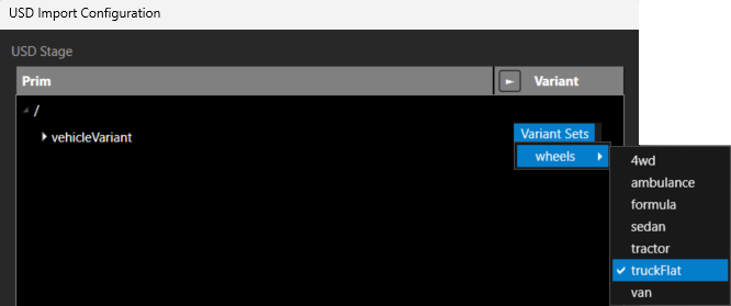 Screenshot of the USD Import Configuration window with variant sets selection